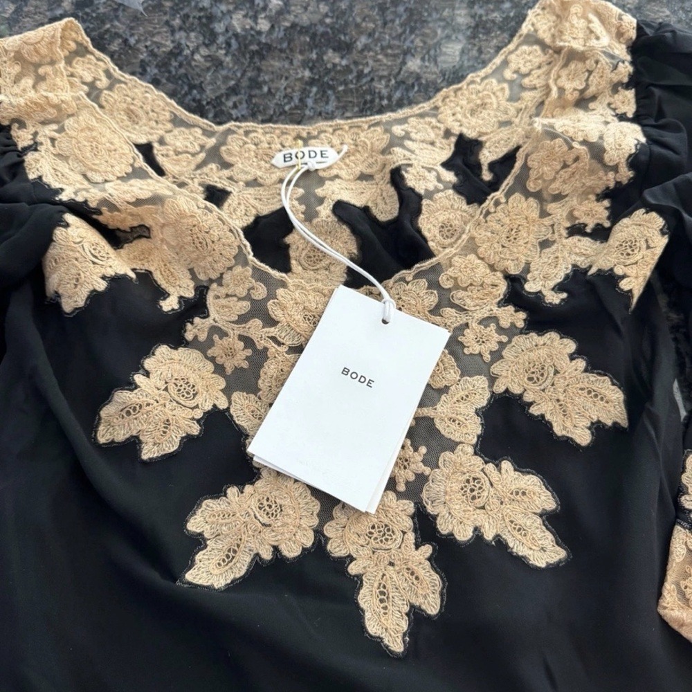 Bode Marisel Dress Black Natural Lace Applique Mini Drop Waist WRS25DR022 XS New - Picture 8 of 10